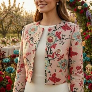 Luxury Floral Brocade Boxy Cropped Bolero Jacket Pink Wedding Party Chic Sz 4